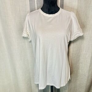 Crown & Ivy White Short Sleeve Ric Rac Trim T-Shirt Scallop Details Large NWT